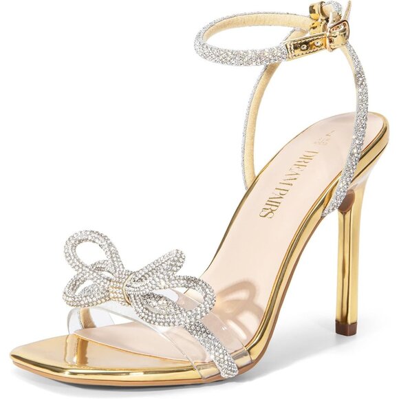 Women's Double Bowknots Crystal Sandals Gold Slingback Heels Square Toe Shoes - Picture 1 of 7